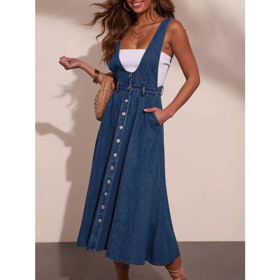 Button Front Denim Overall Midi Dress Blue / S Apparel and Accessories