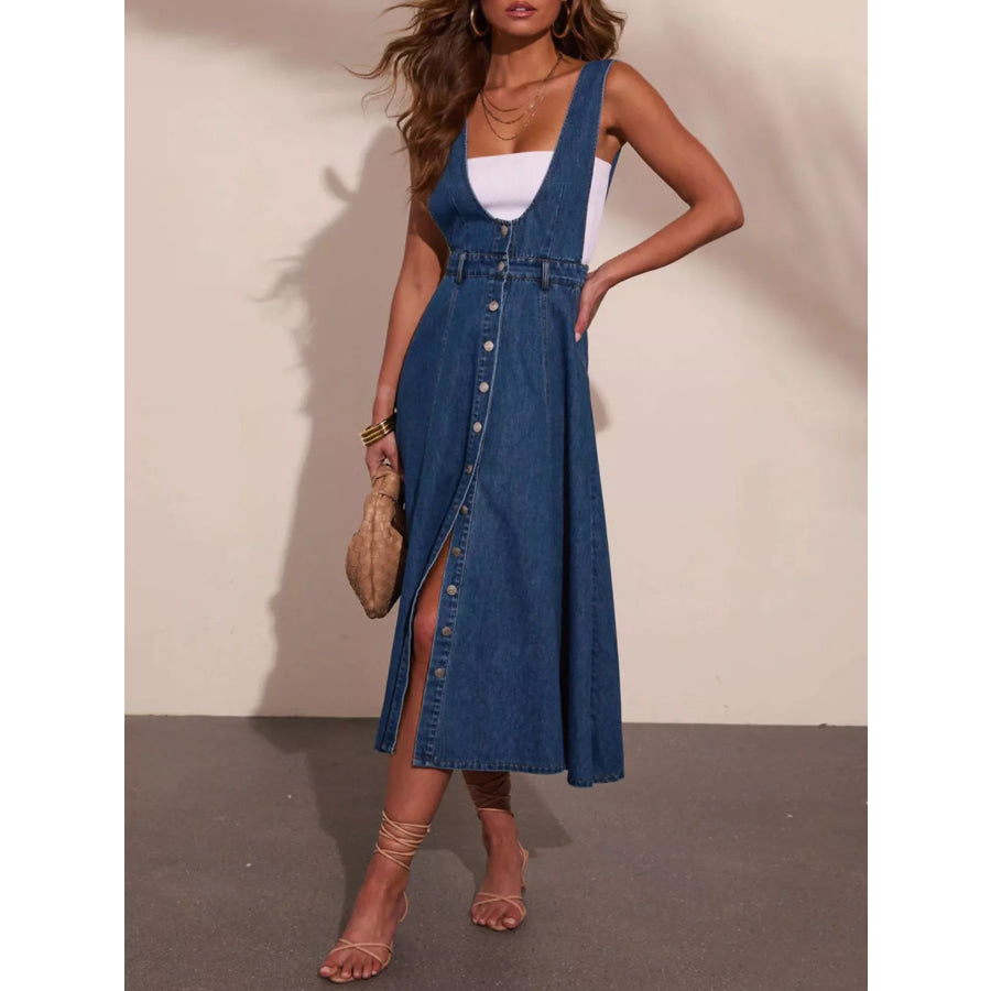 Button Front Denim Overall Midi Dress Blue / S Apparel and Accessories
