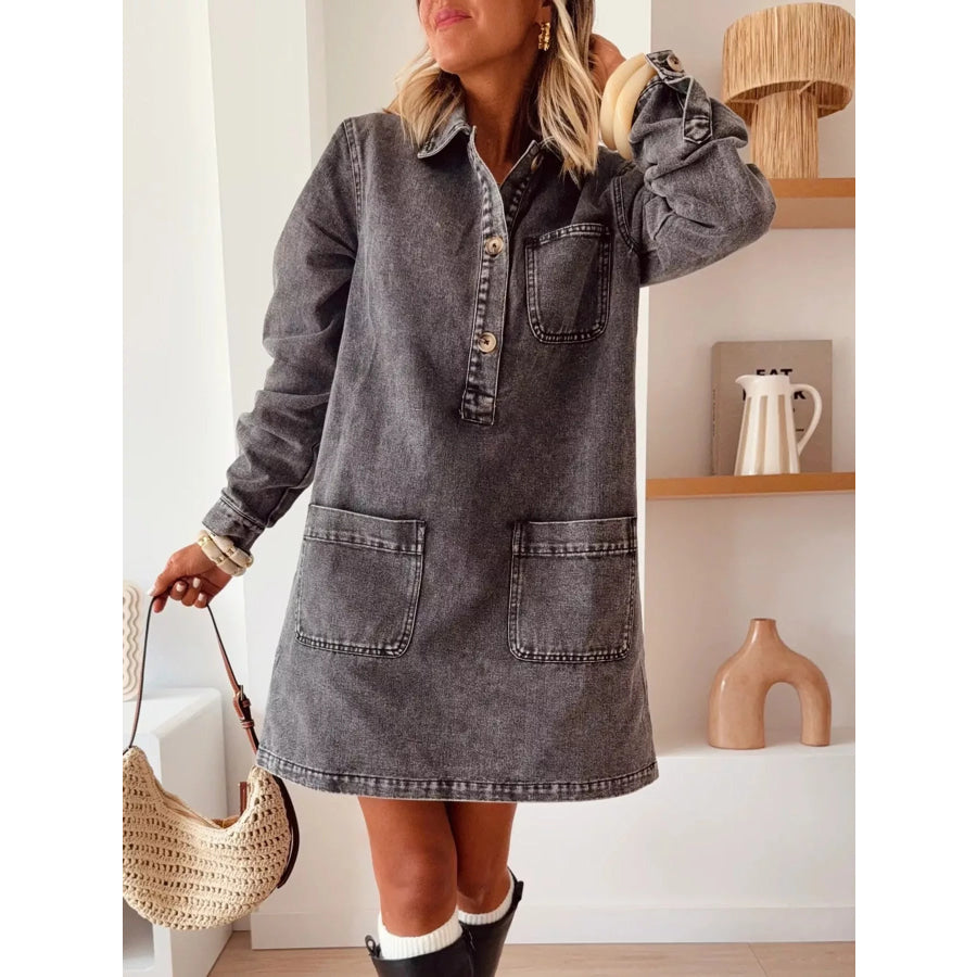 Button Front Denim Shirt Dress Black / S Apparel and Accessories