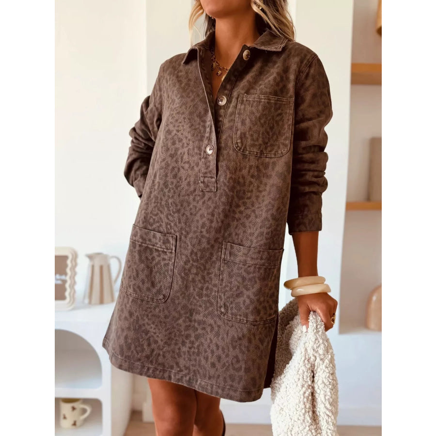 Button Front Denim Shirt Dress Dark Brown / S Apparel and Accessories