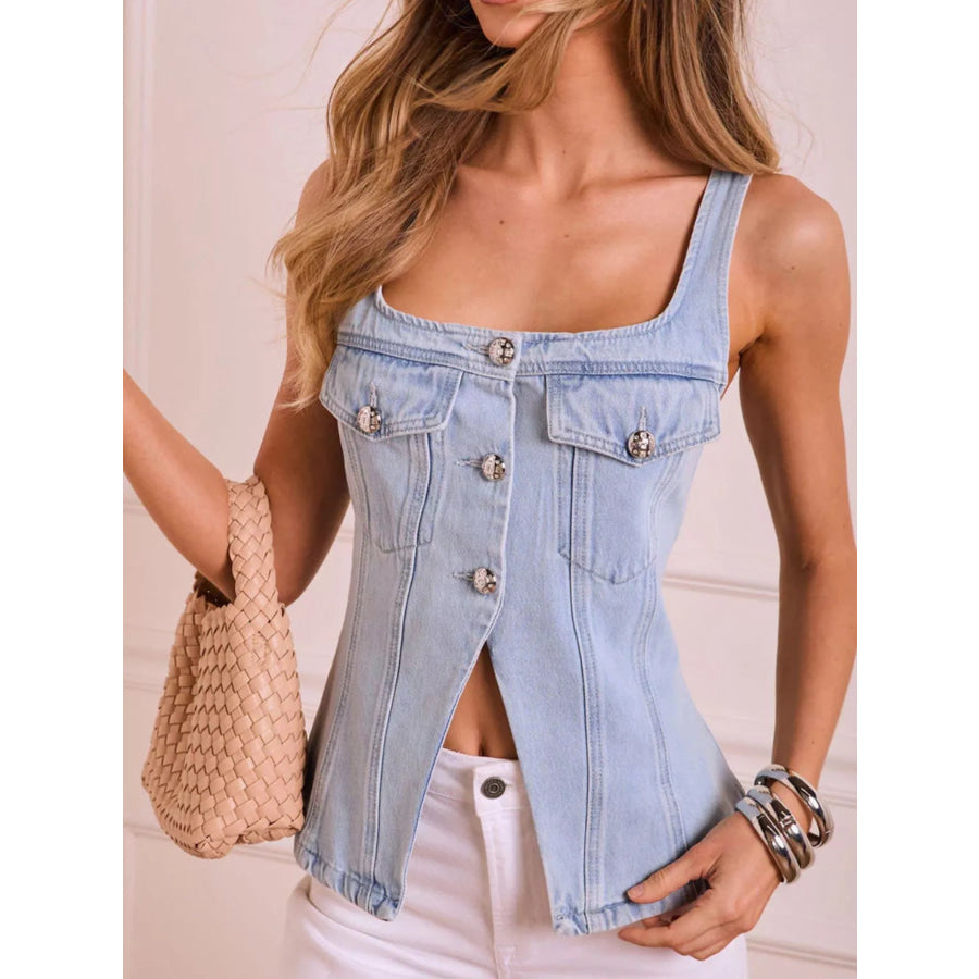Button-Front Denim Tank Light Blue / S Apparel and Accessories