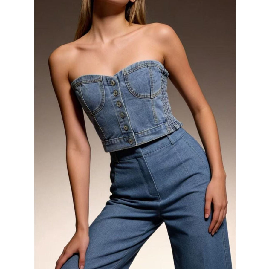Button-Front Denim Tube Top Apparel and Accessories