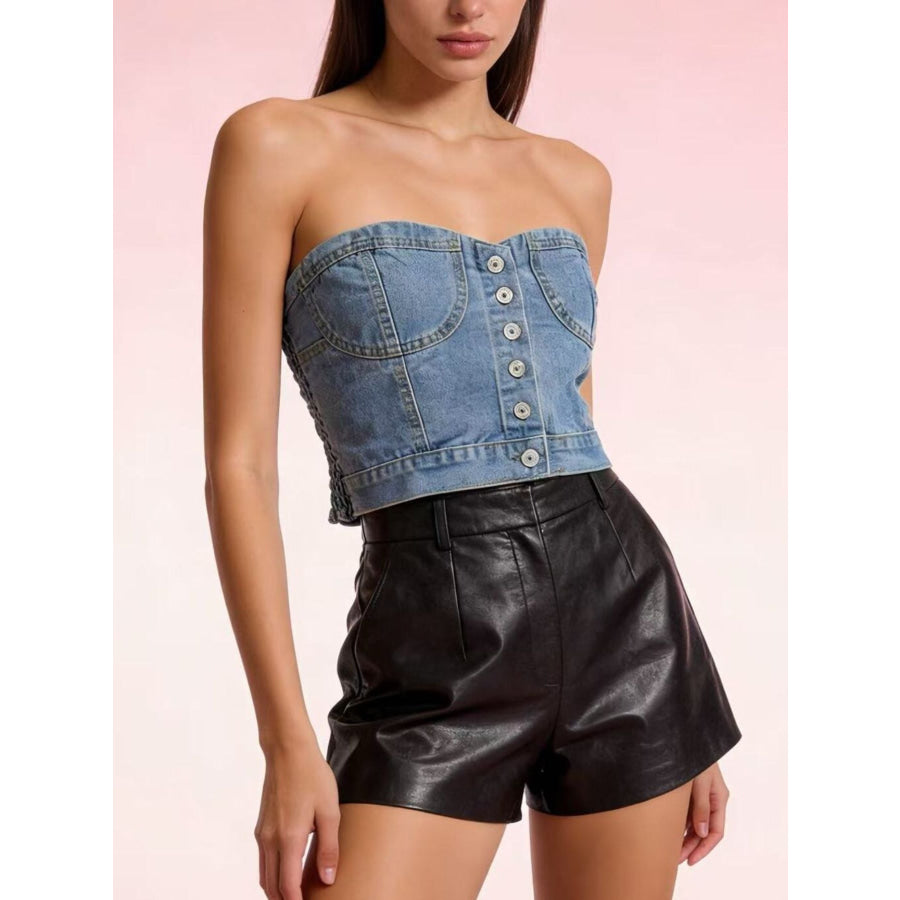 Button-Front Denim Tube Top Apparel and Accessories