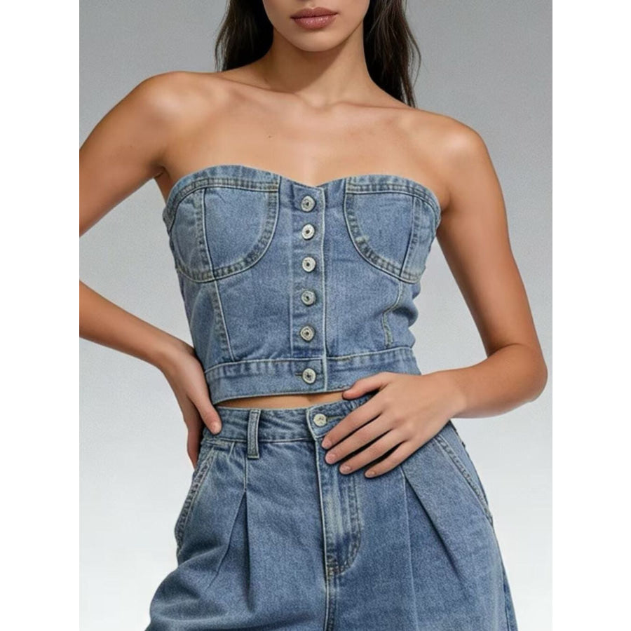 Button-Front Denim Tube Top Apparel and Accessories