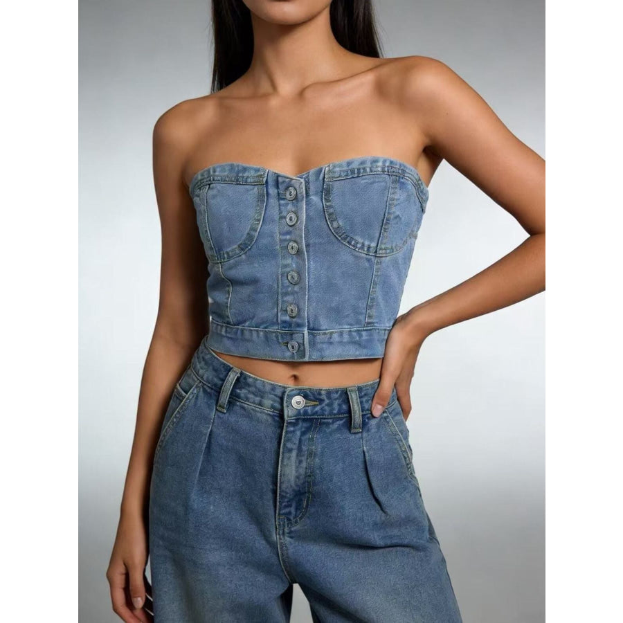 Button-Front Denim Tube Top Apparel and Accessories