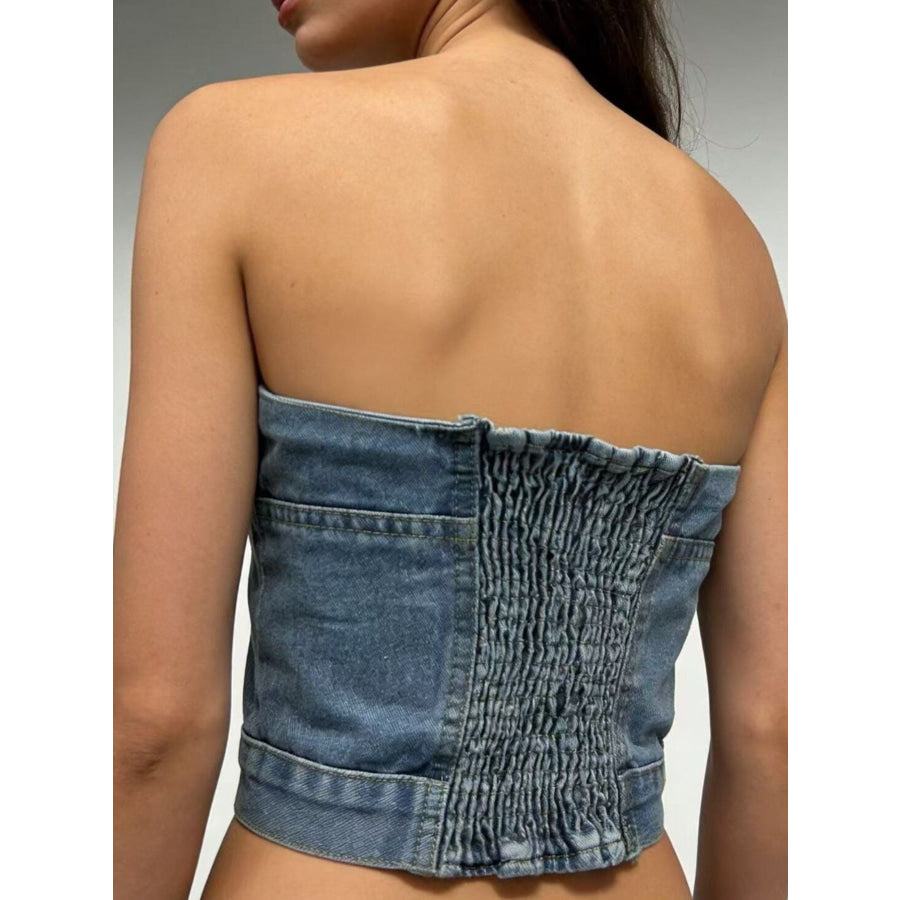 Button-Front Denim Tube Top Apparel and Accessories