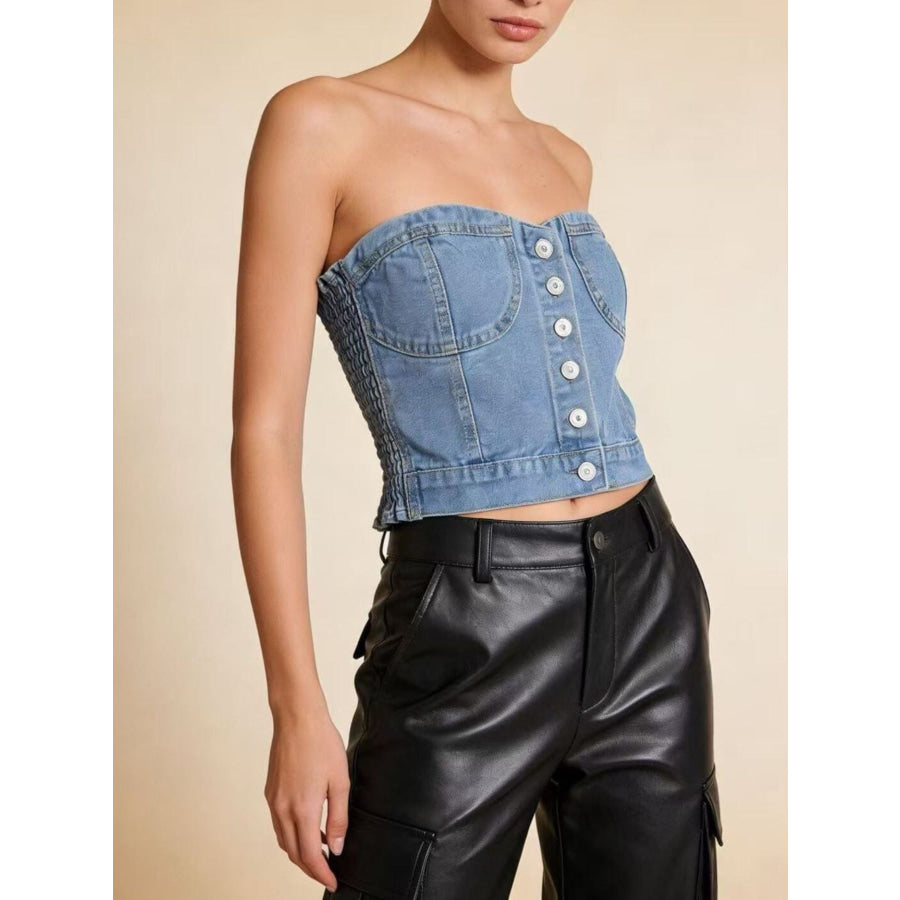 Button-Front Denim Tube Top Apparel and Accessories