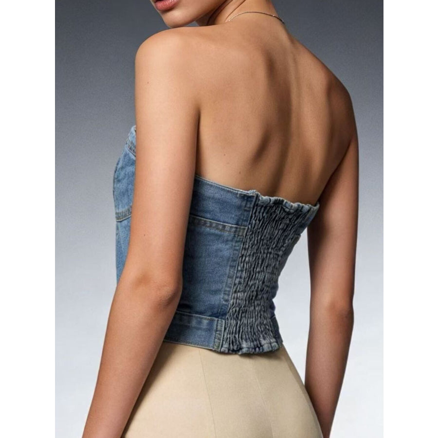 Button-Front Denim Tube Top Apparel and Accessories