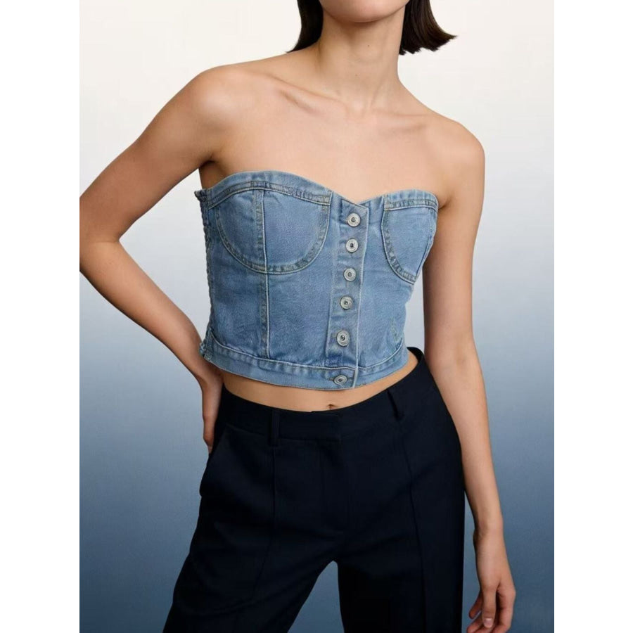 Button-Front Denim Tube Top Apparel and Accessories