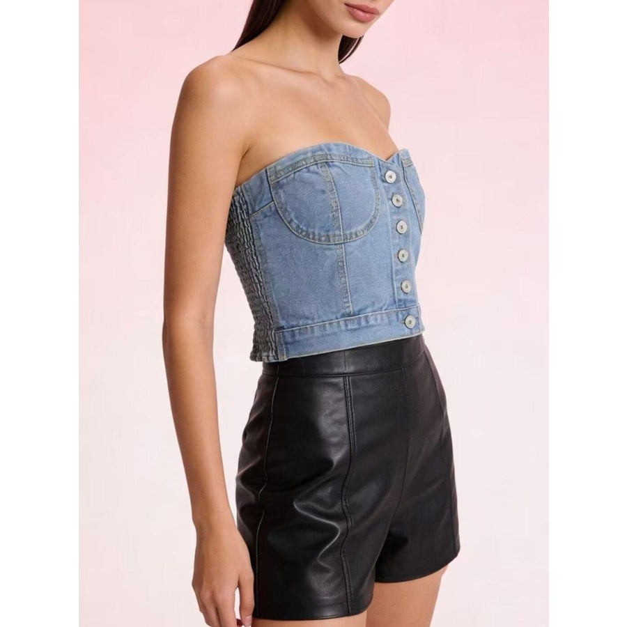 Button-Front Denim Tube Top Apparel and Accessories