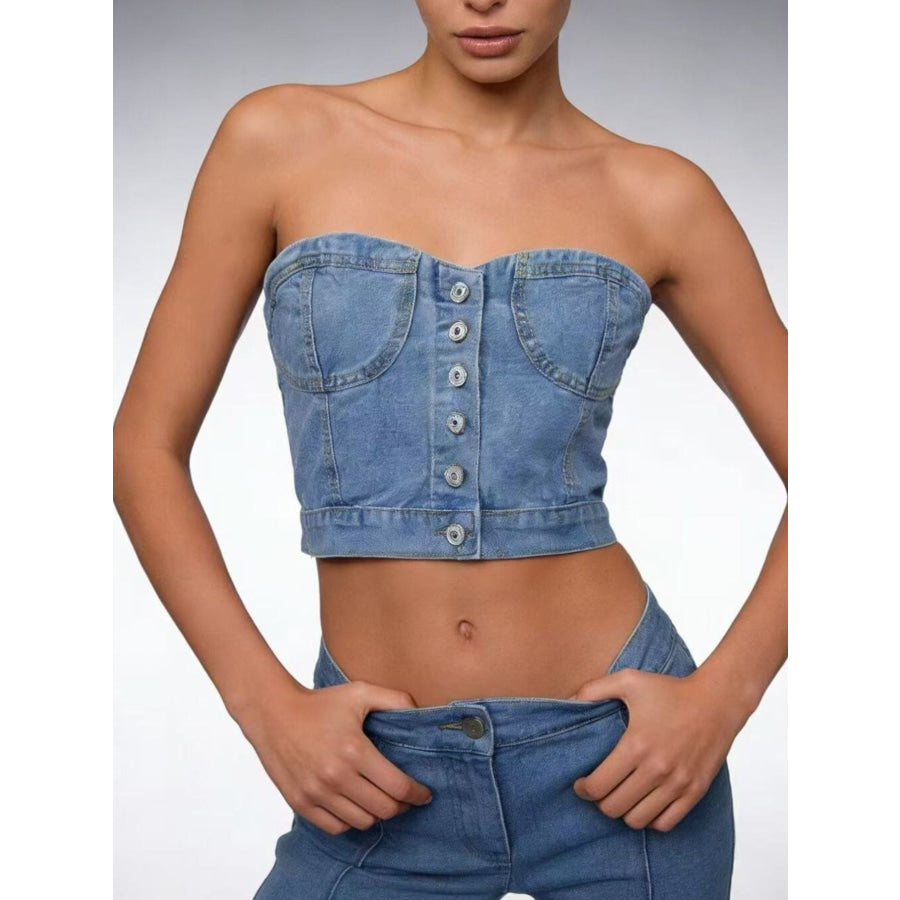 Button-Front Denim Tube Top Apparel and Accessories