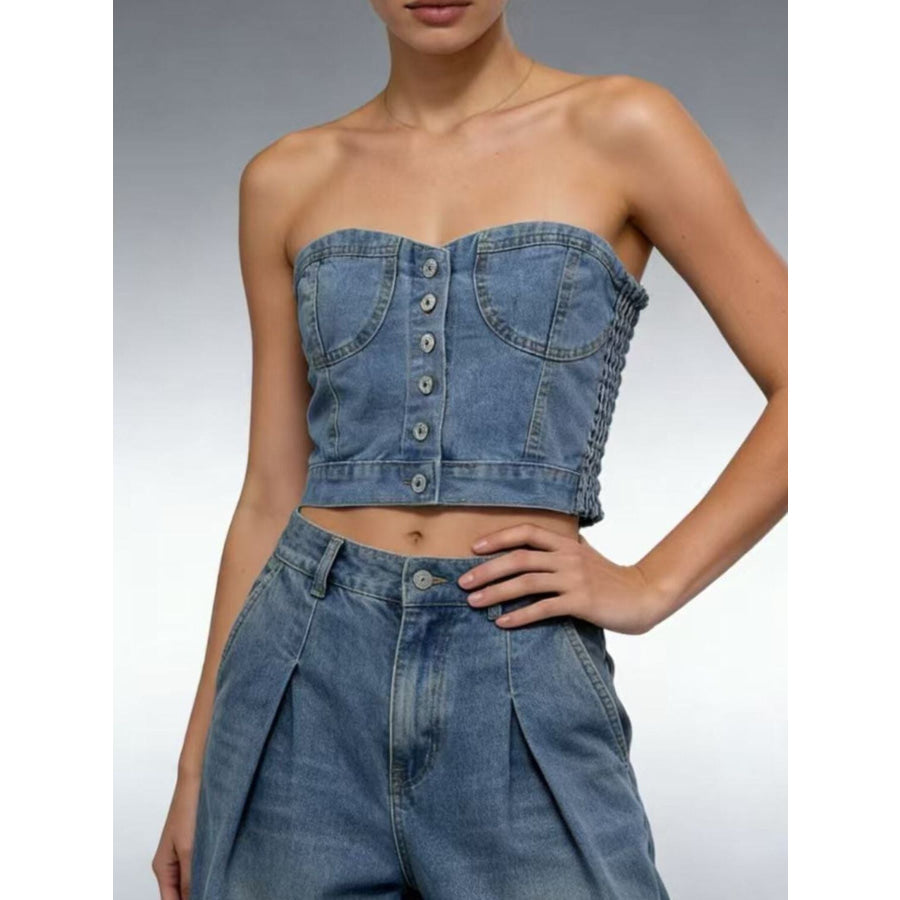 Button-Front Denim Tube Top Light Blue / S Apparel and Accessories