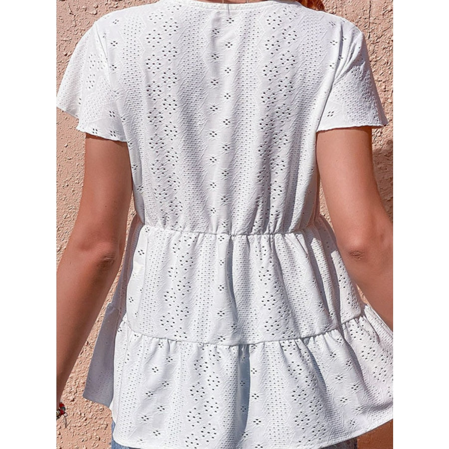 Button Front Eyelet Flutter Sleeve Tiered Blouse