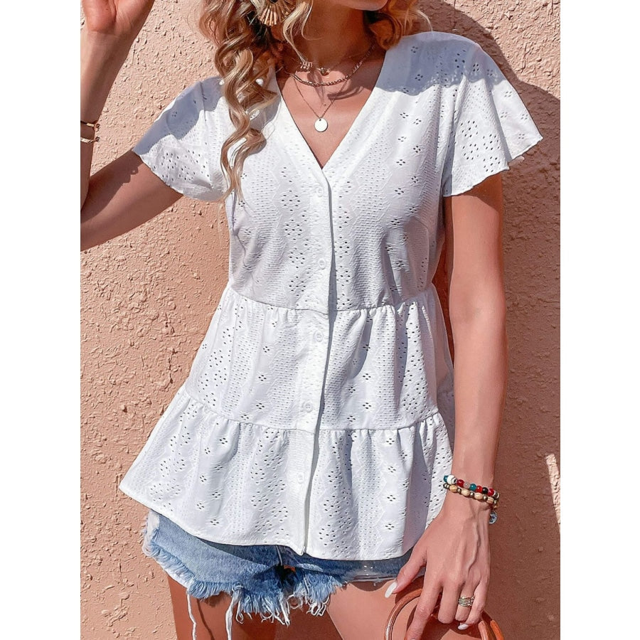 Button Front Eyelet Flutter Sleeve Tiered Blouse