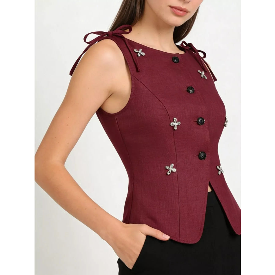 Button-Front Floral Decor Tie Shoulder Vest Apparel and Accessories