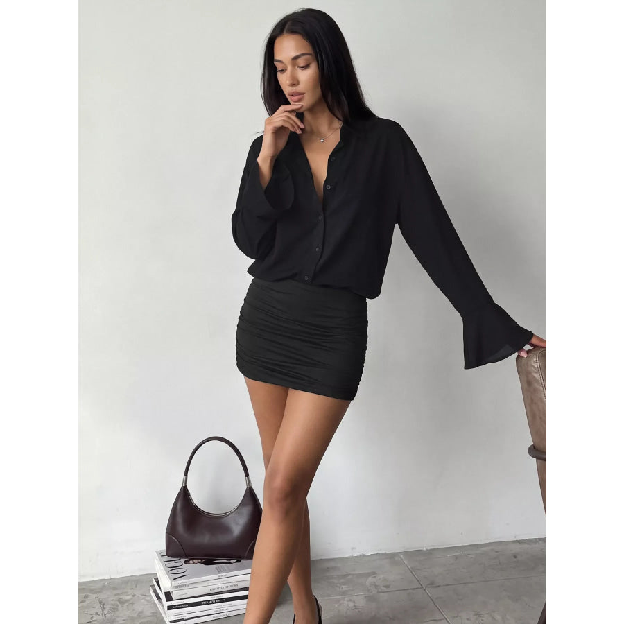 Button Front Flounce Sleeve Bodycon Shirt Dress Apparel and Accessories