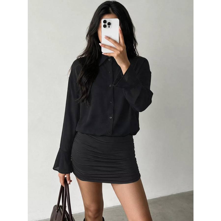 Button Front Flounce Sleeve Bodycon Shirt Dress Apparel and Accessories