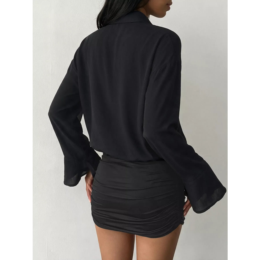 Button Front Flounce Sleeve Bodycon Shirt Dress Apparel and Accessories
