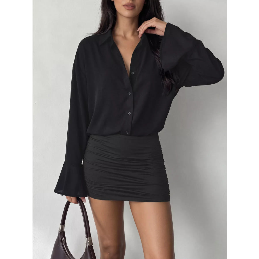 Button Front Flounce Sleeve Bodycon Shirt Dress Apparel and Accessories