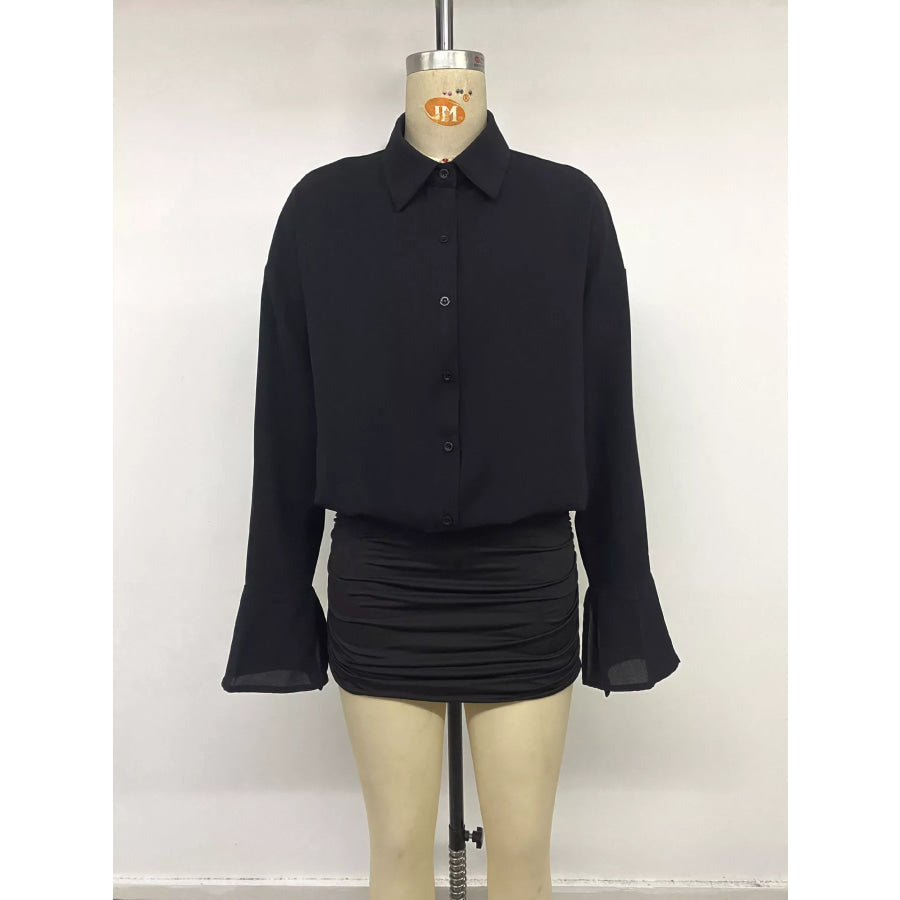 Button Front Flounce Sleeve Bodycon Shirt Dress Apparel and Accessories