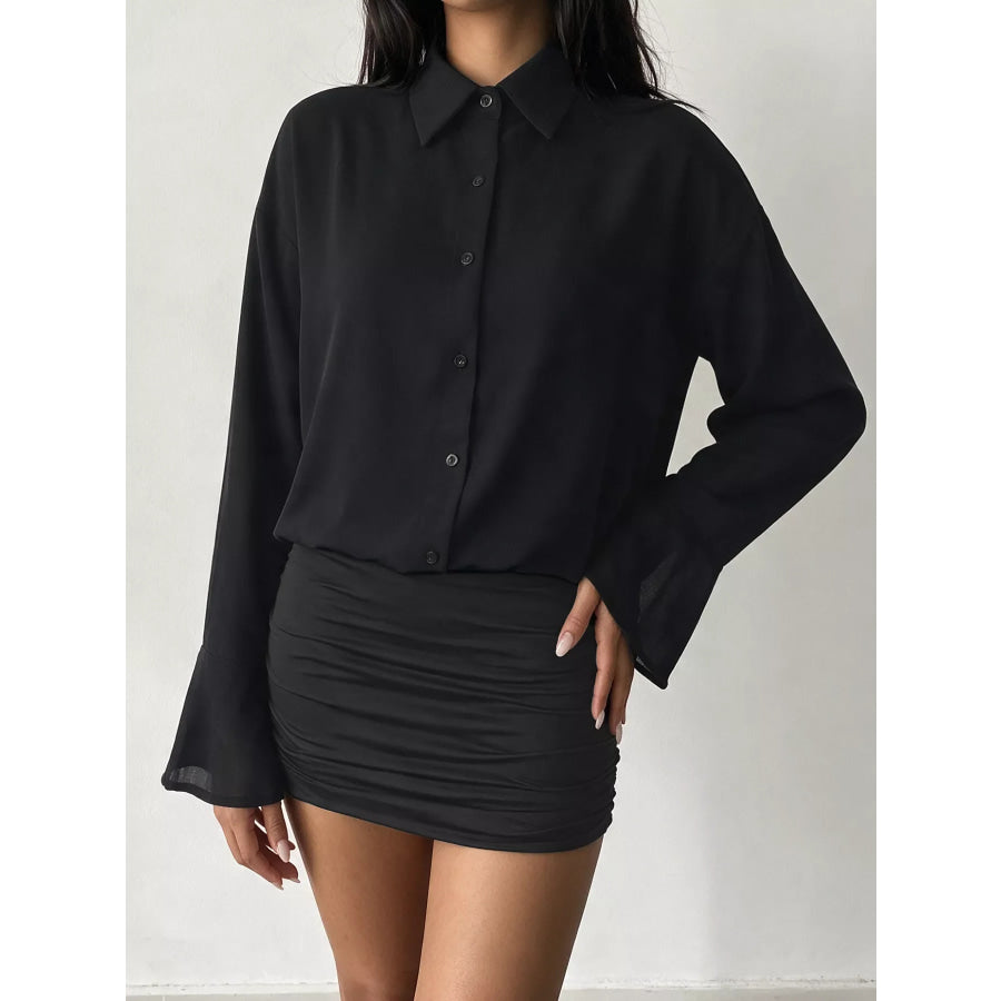 Button Front Flounce Sleeve Bodycon Shirt Dress Apparel and Accessories