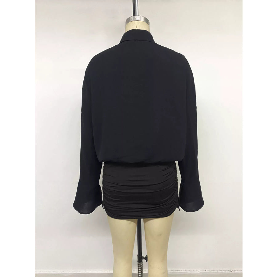 Button Front Flounce Sleeve Bodycon Shirt Dress Apparel and Accessories