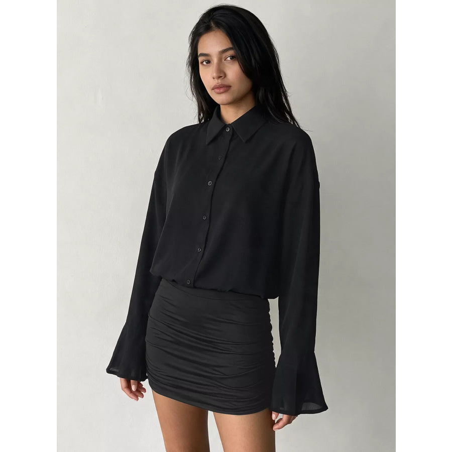 Button Front Flounce Sleeve Bodycon Shirt Dress Apparel and Accessories