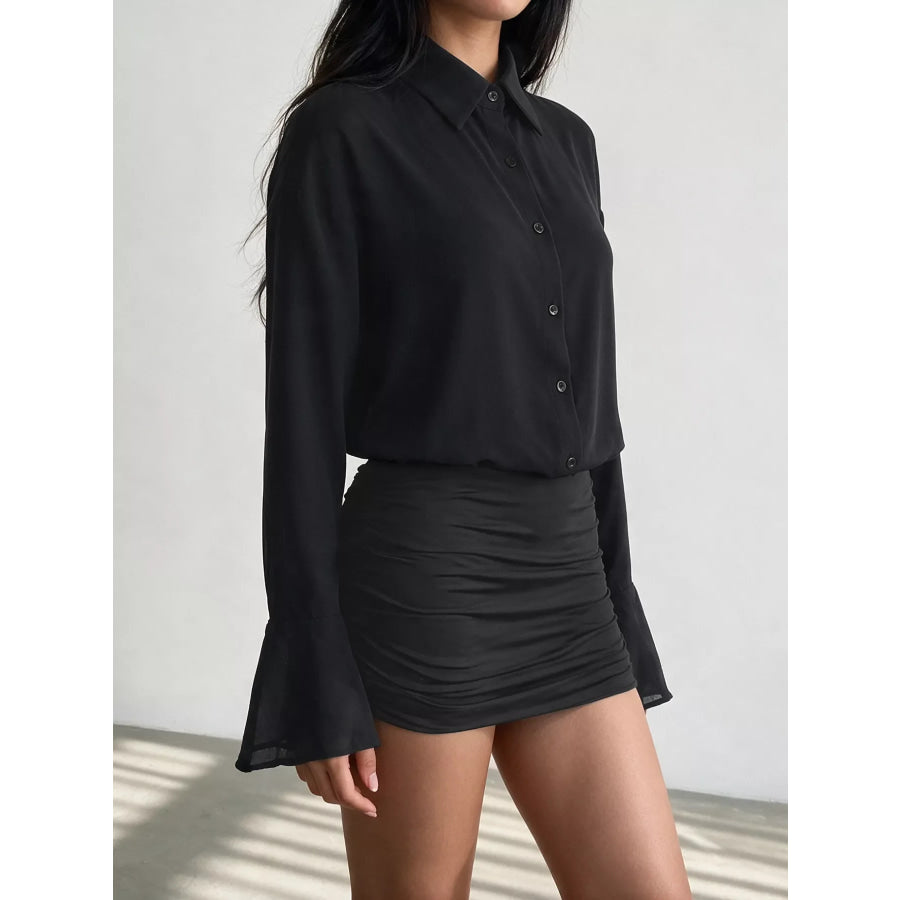 Button Front Flounce Sleeve Bodycon Shirt Dress Apparel and Accessories