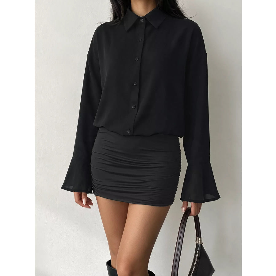 Button Front Flounce Sleeve Bodycon Shirt Dress Apparel and Accessories