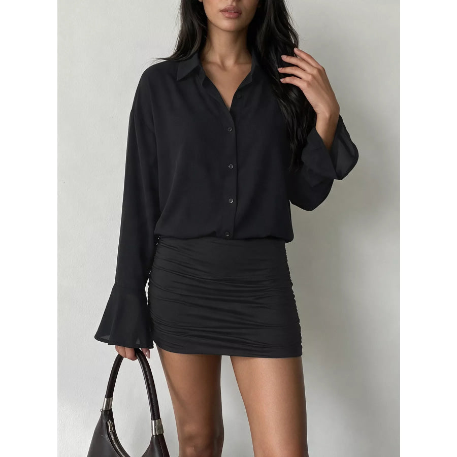 Button Front Flounce Sleeve Bodycon Shirt Dress Apparel and Accessories