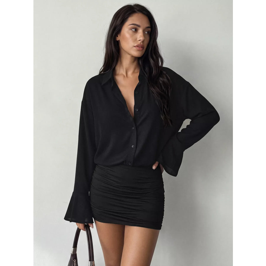Button Front Flounce Sleeve Bodycon Shirt Dress Black / S Apparel and Accessories