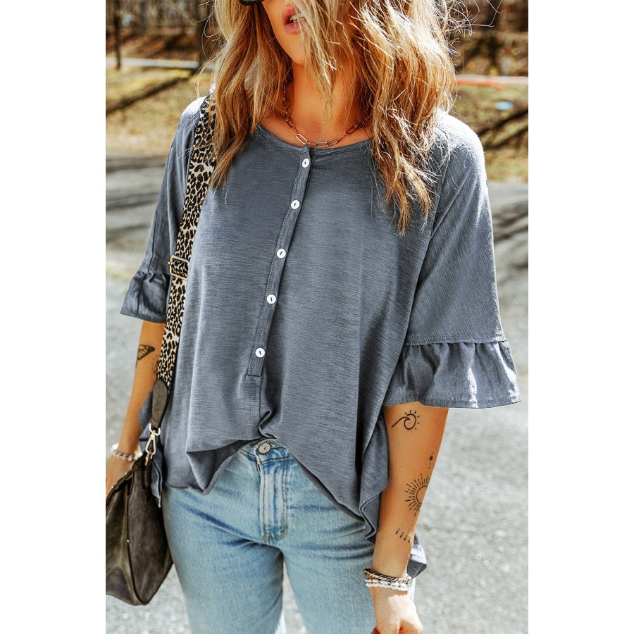 Button Front Flounce Sleeve Tee Dark Navy / S