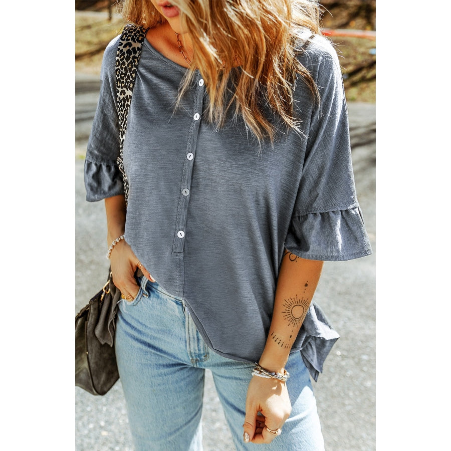 Button Front Flounce Sleeve Tee