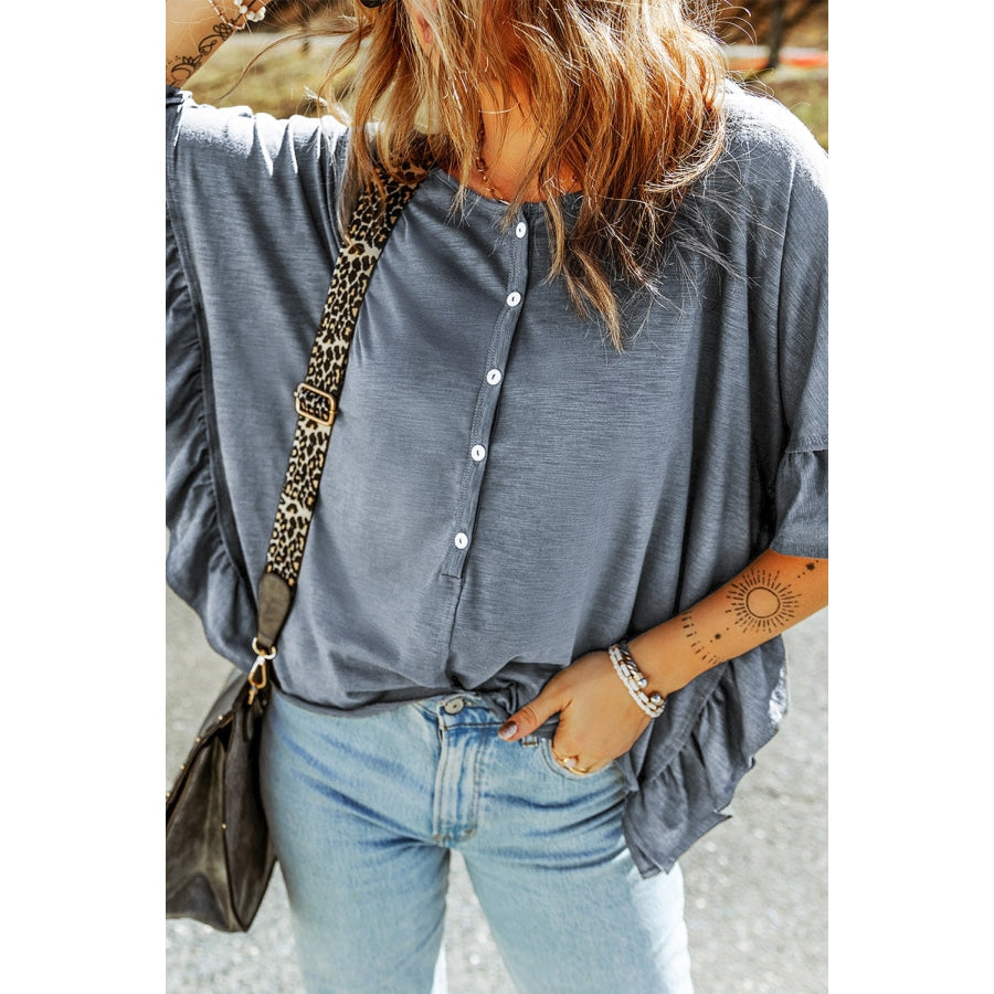 Button Front Flounce Sleeve Tee