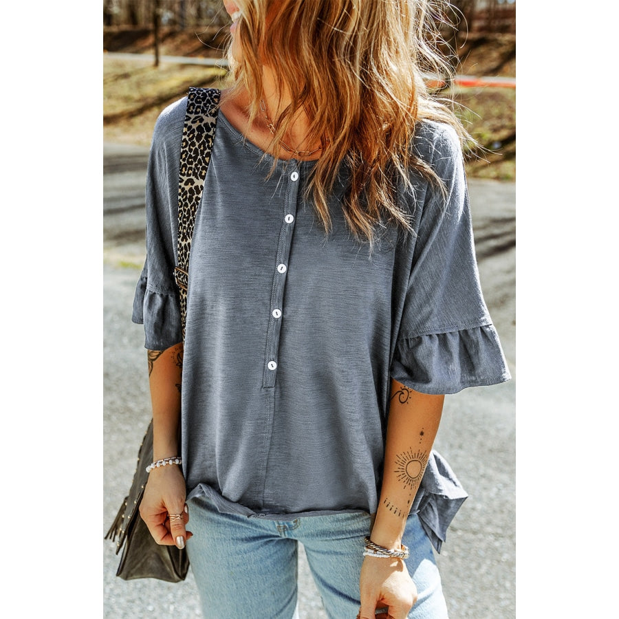 Button Front Flounce Sleeve Tee