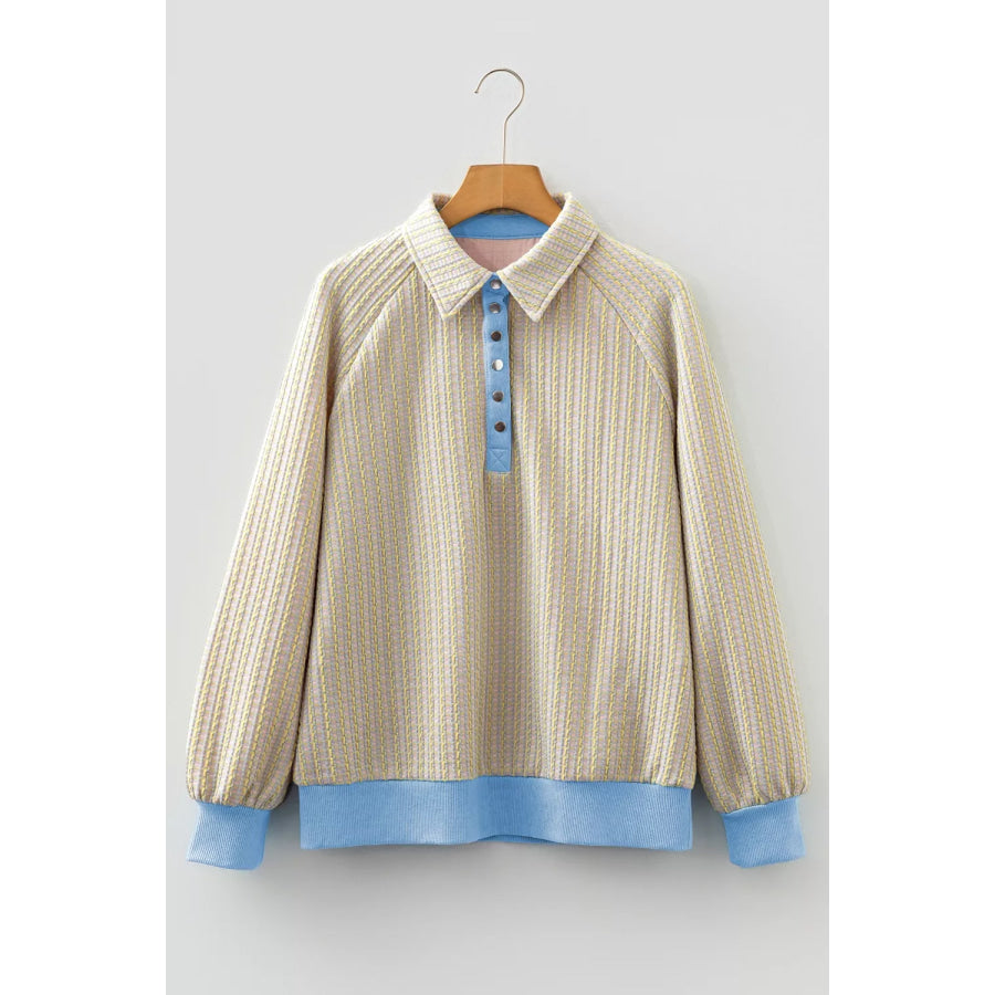 Button Front Jacquard Henley Sweatshirt Apparel and Accessories