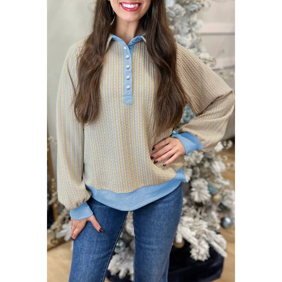 Button Front Jacquard Henley Sweatshirt Beige / S Apparel and Accessories