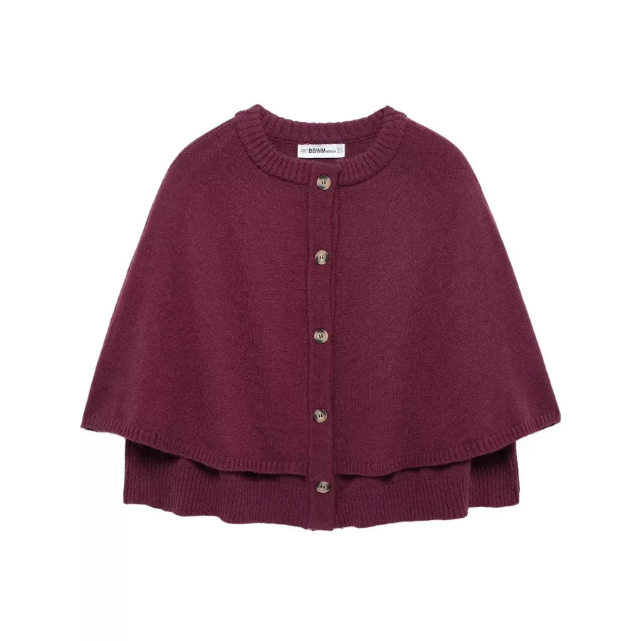 Button-Front Knit Cape Cardigan Burgundy / S Apparel and Accessories