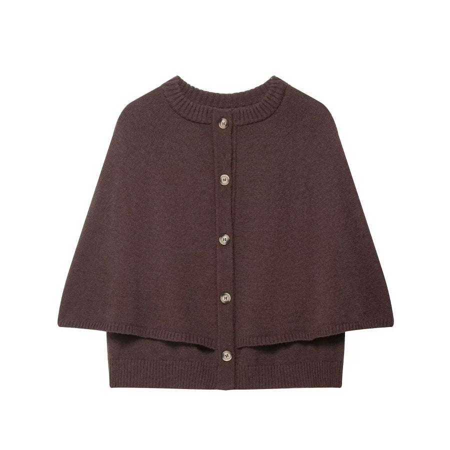 Button-Front Knit Cape Cardigan Coffee / S Apparel and Accessories