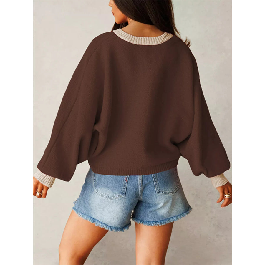Button-Front Knit Cardigan with Contrast Trim Apparel and Accessories