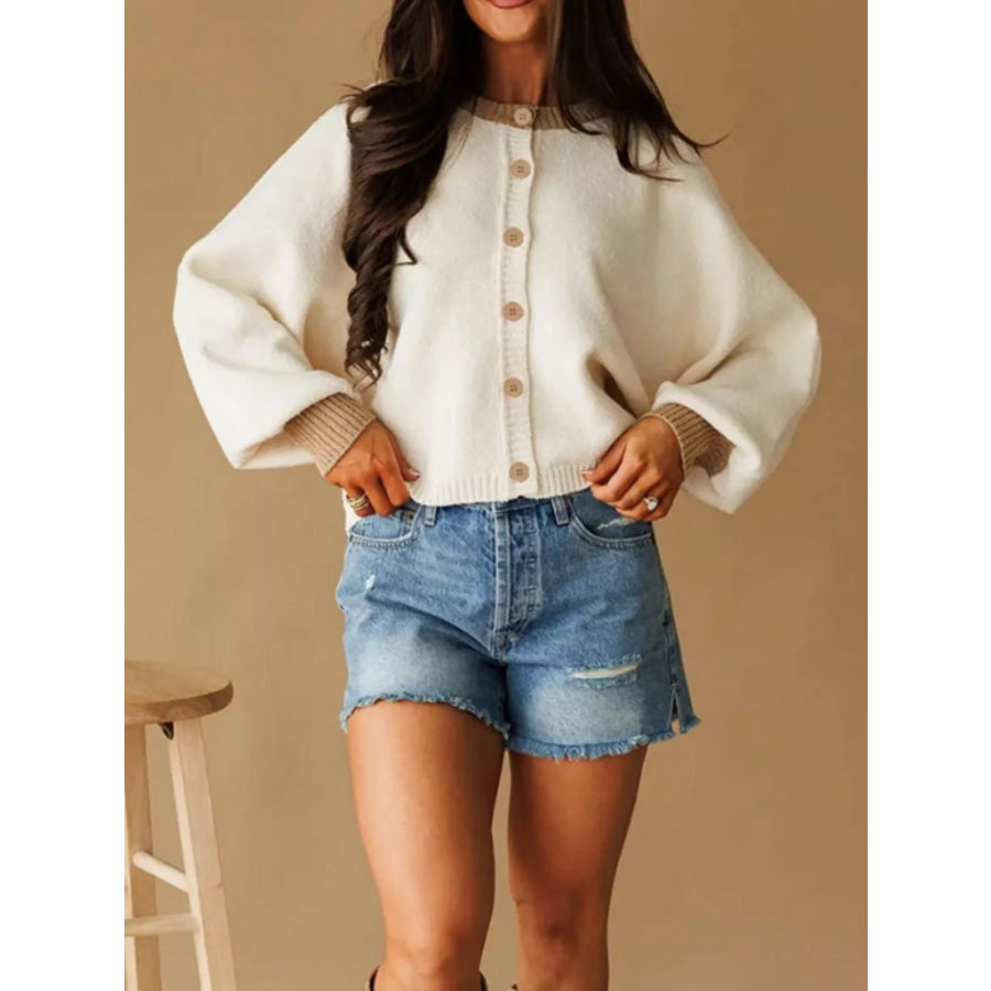Button-Front Knit Cardigan with Contrast Trim Apparel and Accessories