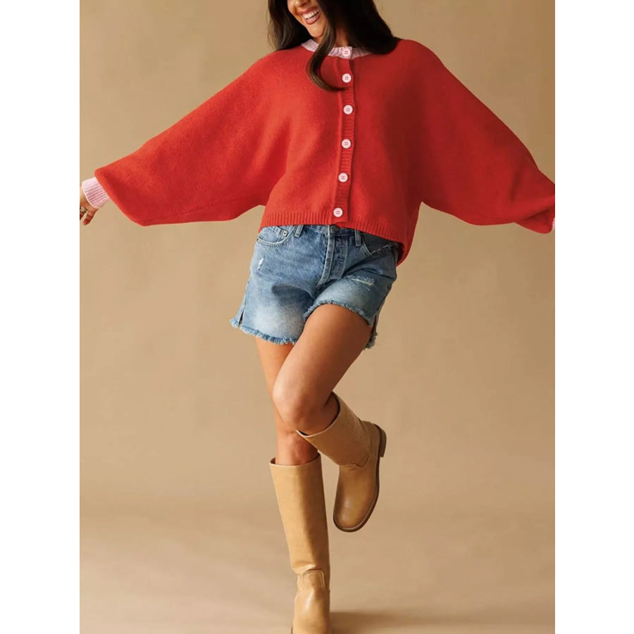 Button-Front Knit Cardigan with Contrast Trim Apparel and Accessories