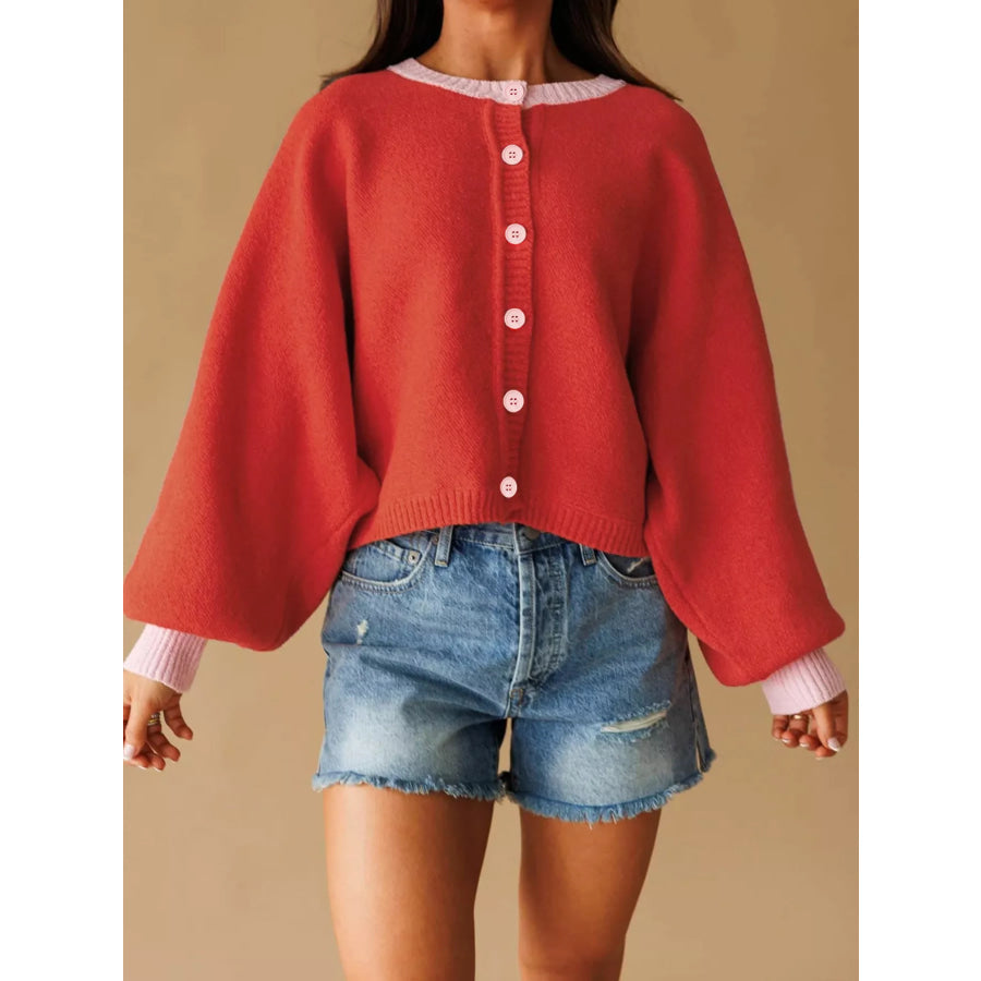 Button-Front Knit Cardigan with Contrast Trim Apparel and Accessories
