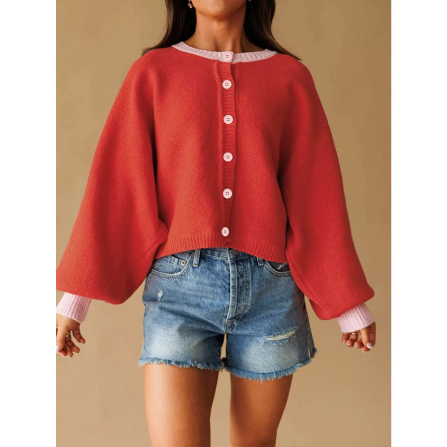 Button-Front Knit Cardigan with Contrast Trim Apparel and Accessories
