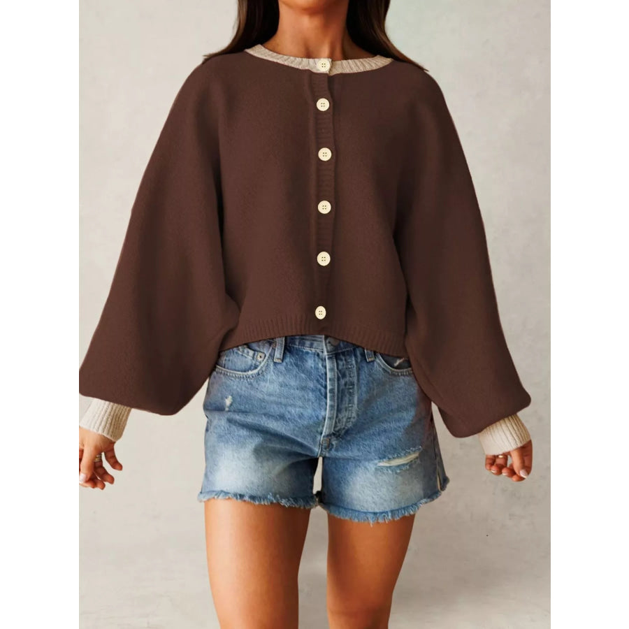 Button-Front Knit Cardigan with Contrast Trim Brown / S Apparel and Accessories