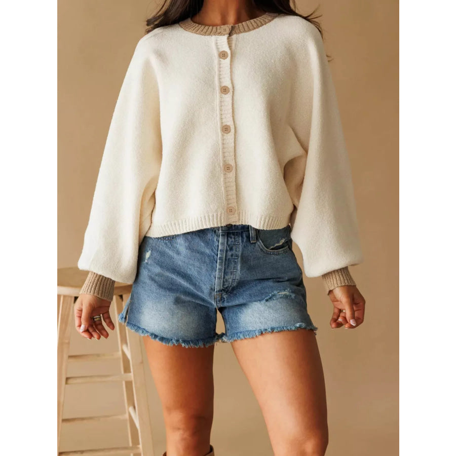 Button-Front Knit Cardigan with Contrast Trim Ivory / S Apparel and Accessories