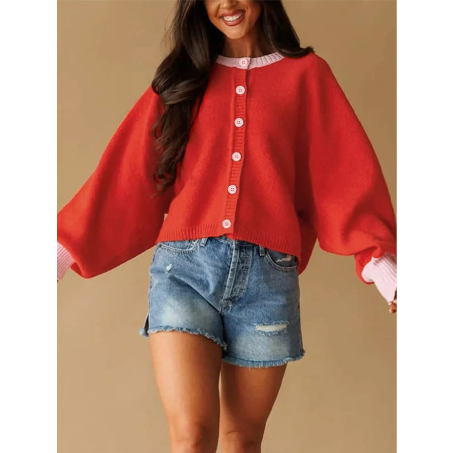 Button-Front Knit Cardigan with Contrast Trim Red / S Apparel and Accessories