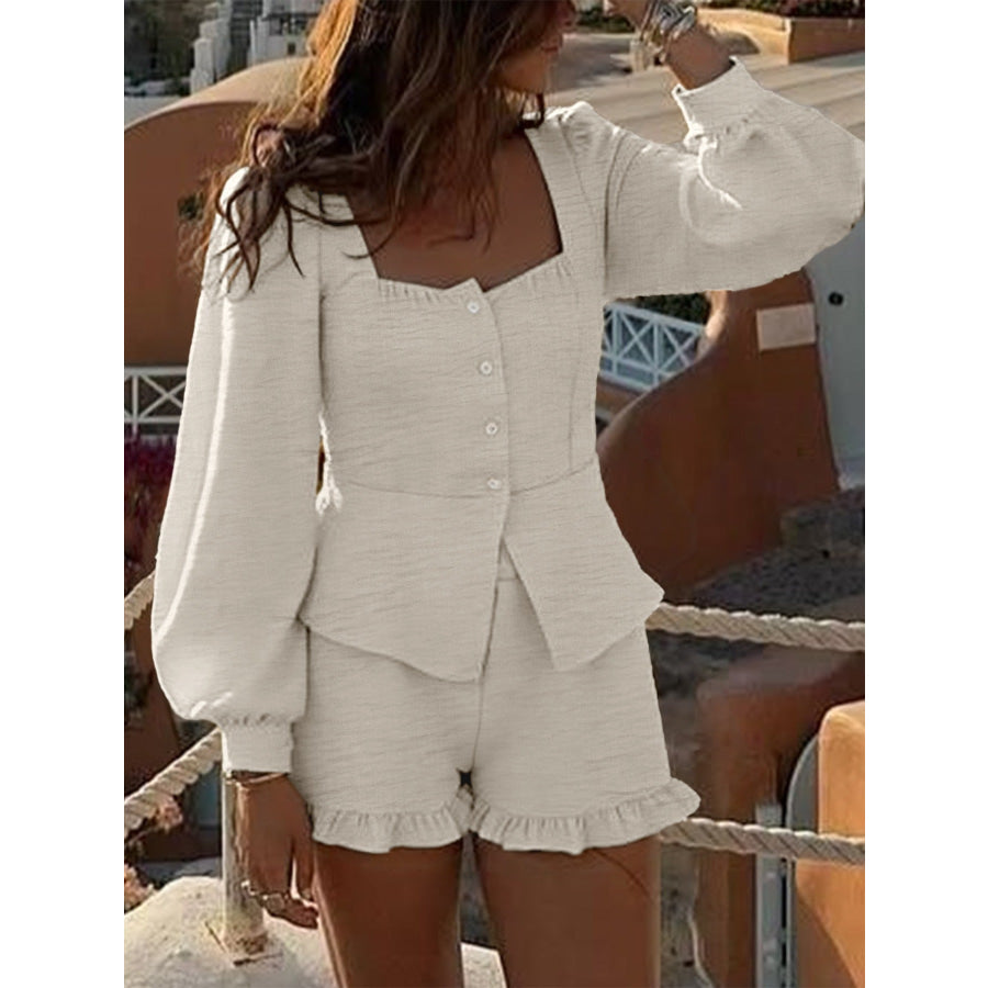 Button Front Lantern Sleeve Top and Shorts Set Apparel and Accessories
