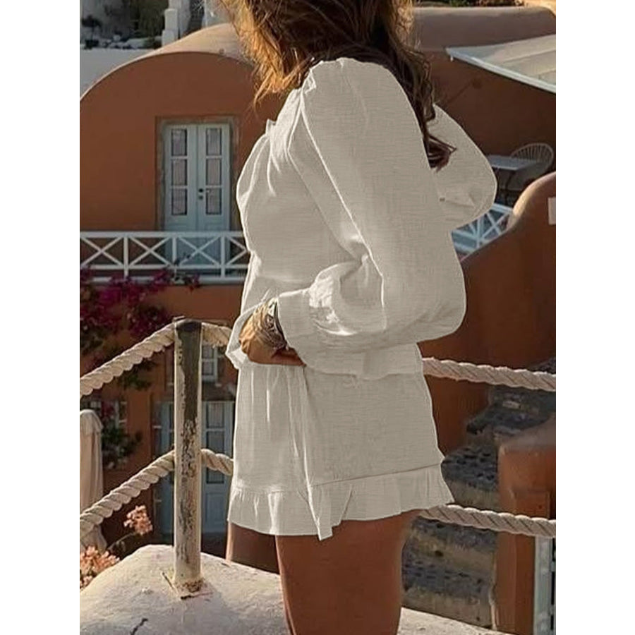 Button Front Lantern Sleeve Top and Shorts Set Apparel and Accessories