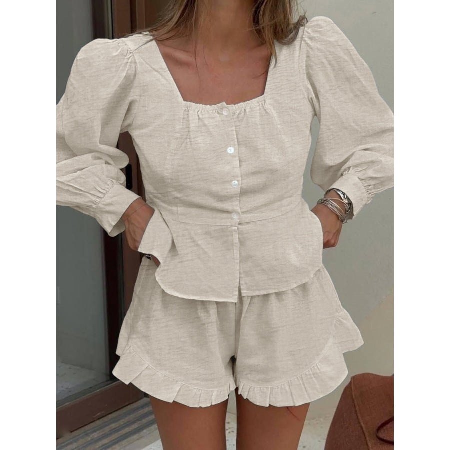 Button Front Lantern Sleeve Top and Shorts Set Apparel and Accessories